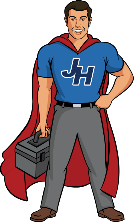 John Henry's Plumbing, Heating, and Air man in cape holding toolbox