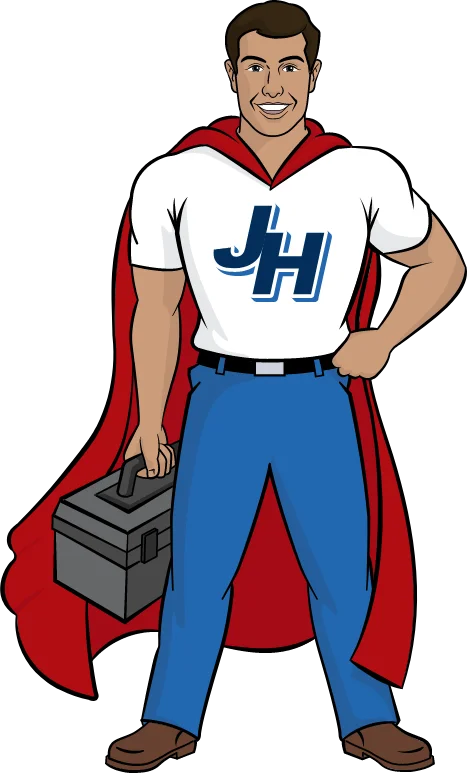 John Henry's Plumbing, Heating, and Air man in cape holding toolbox