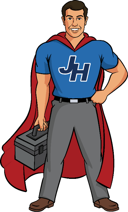 John Henry's Plumbing, Heating, Air, and Electrical mascot holding toolbox