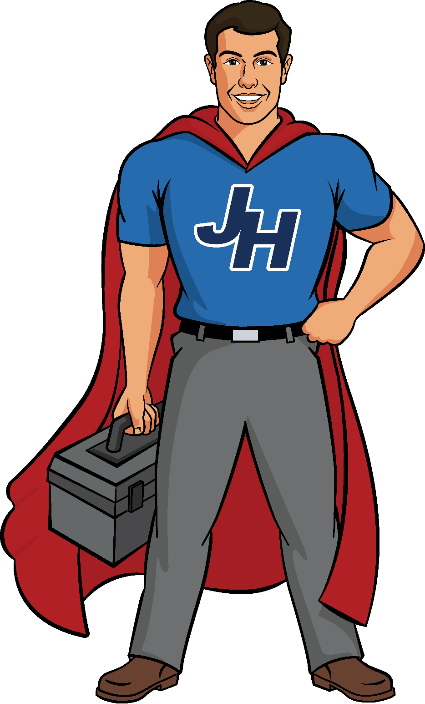 John Henry's Plumbing, Heating, Air, and Electrical mascot holding toolbox